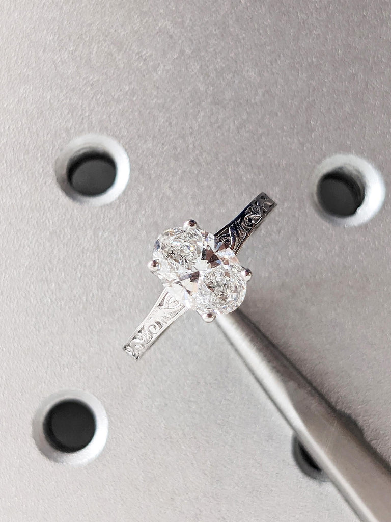 14K White Gold Raw Lab Diamond Engagement Ring, Vintage Oval Cut Diamond Filigree Wedding Band