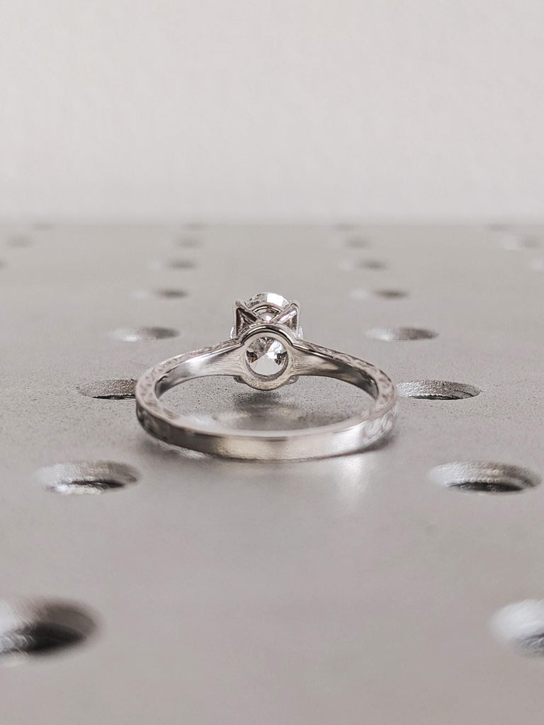 Vintage Oval Cut Moissanite Ring, Custom 14K Solid White Gold Filigree Wedding Band, Solitaire Moissanite Ring, Art Deco Engagement Ring