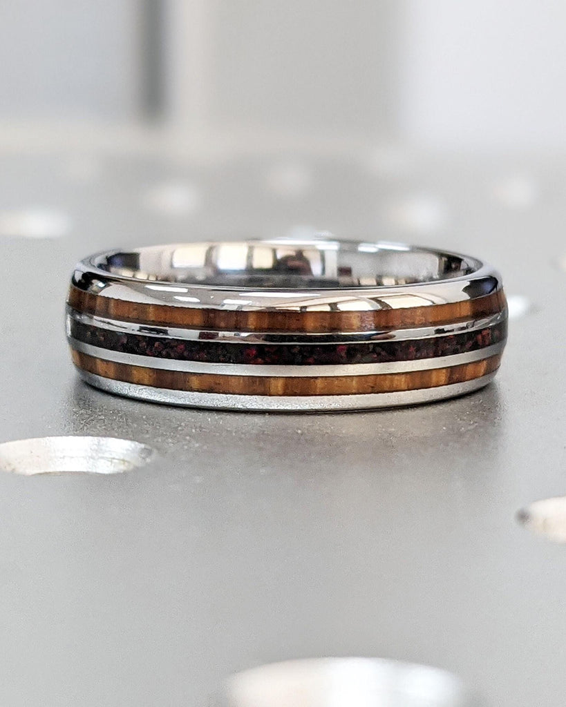 Silver Tungsten Carbide Ring - 6mm Wedding Band - Koa Wood & Opal Inlays - Comfort Fit - Domed - Polished Finish - Women's or Men's Ring