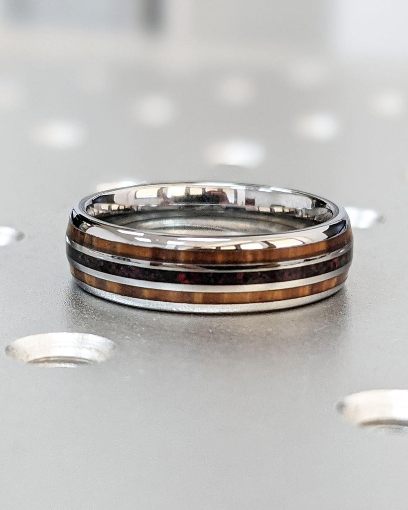 Silver Tungsten Carbide Ring - 6mm Wedding Band - Koa Wood & Opal Inlays - Comfort Fit - Domed - Polished Finish - Women&#39;s or Men&#39;s Ring