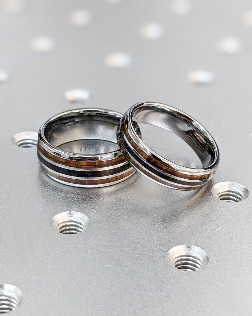 6MM Koa Wood and Opal Tungsten Ring | Silver Tungsten Carbide Ring | Koa Wood Opal Inlay Wedding Band | Domed Polished 6mm Mens Wedding Ring