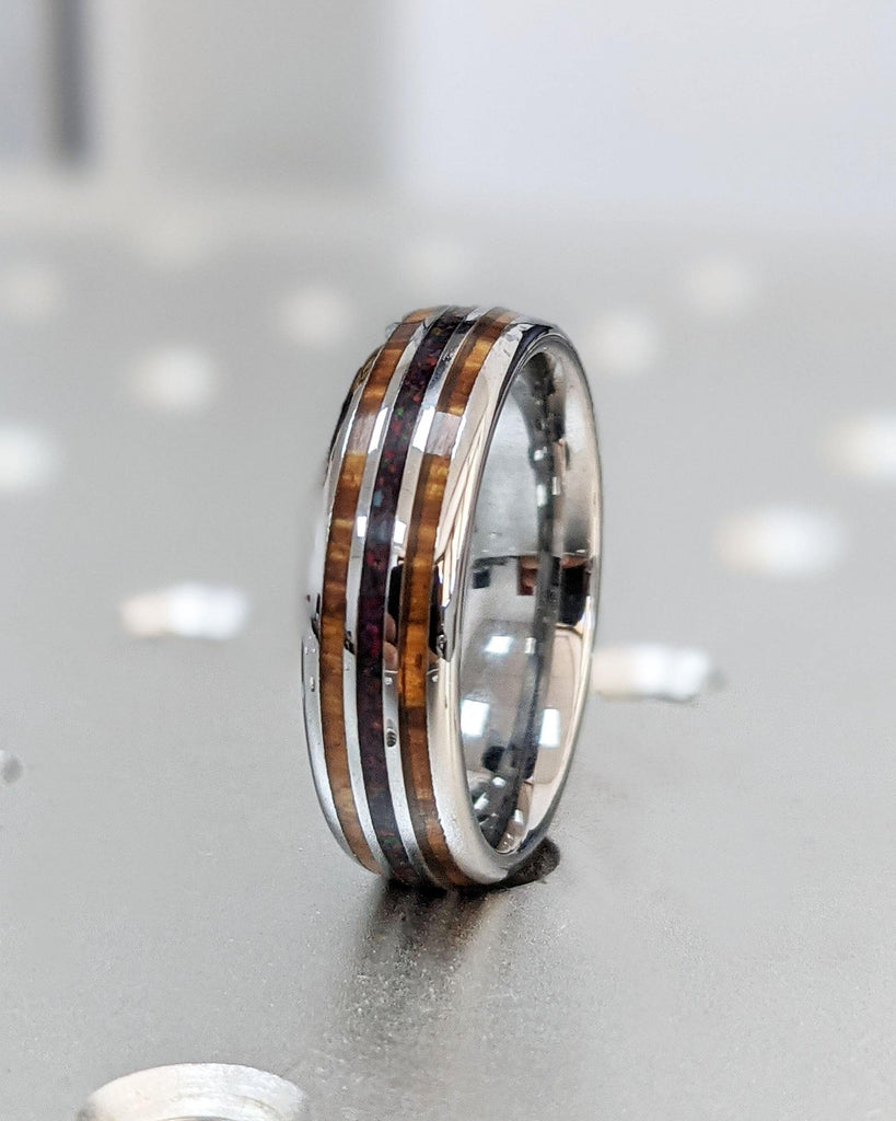 6MM Koa Wood and Opal Tungsten Ring | Silver Tungsten Carbide Ring | Koa Wood Opal Inlay Wedding Band | 6mm Men&#39;s Wedding Ring | Women&#39;s or Men&#39;s 6mm Comfort Fit Rings | Domed Polished Finish Tungsten Ring | Anniversary Ring for Him | Father&#39;s Day Gift