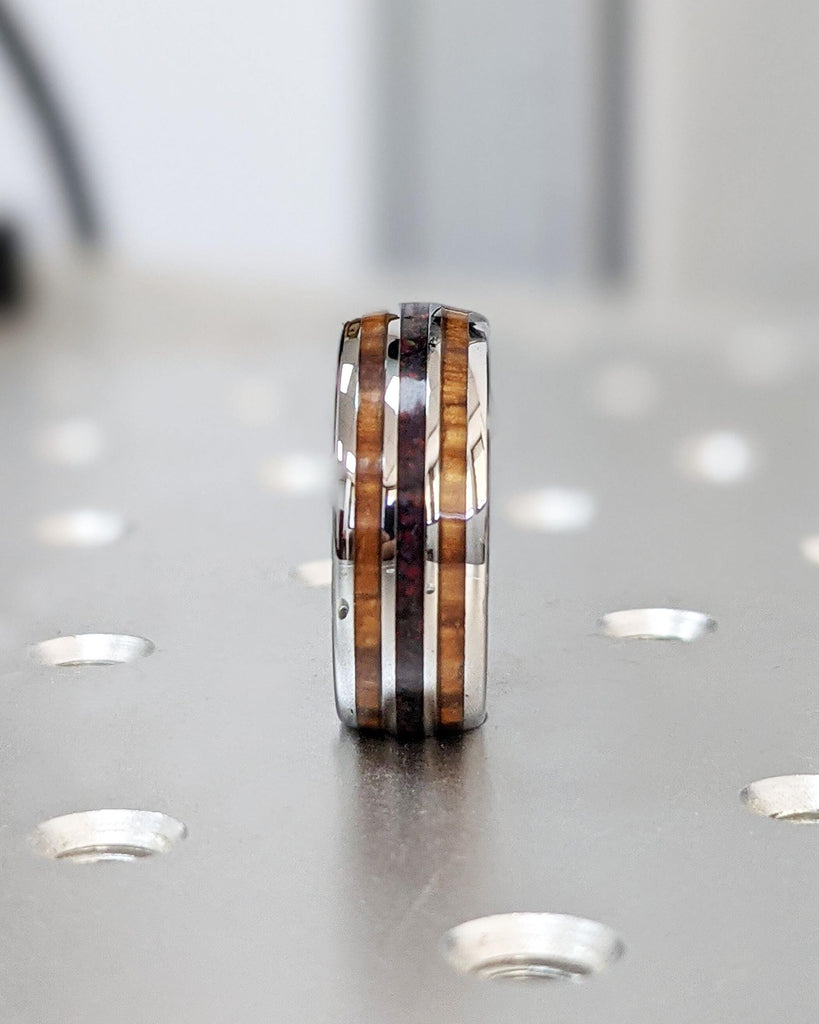 8MM Koa Wood and Opal Tungsten Ring | Silver Tungsten Carbide Ring | Koa Wood Opal Inlay Wedding Band | Domed Polished 8mm Mens Wedding Ring