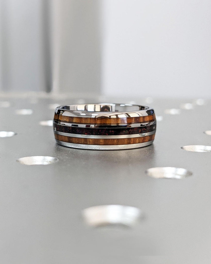 8mm Wedding Band Silver Tungsten Carbide Ring - Koa Wood and Opal Inlays - Comfort Fit - Domed - Polished Finish - Women&#39;s or Men&#39;s Ring