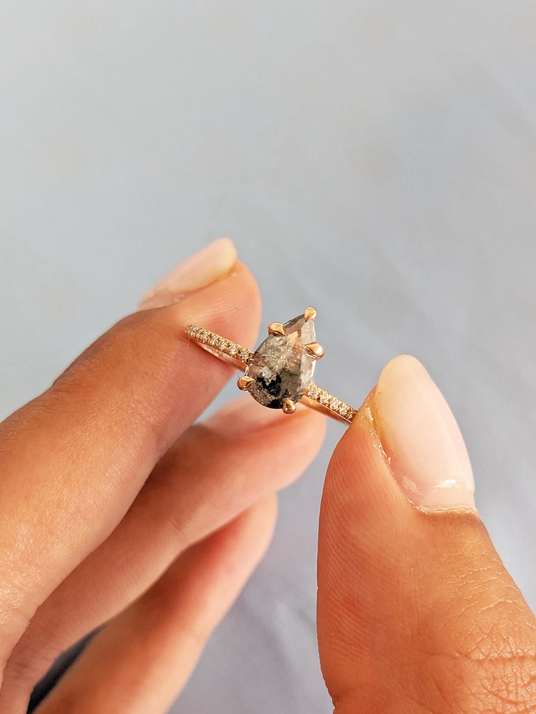 Rose Cut Diamond Ring, Pear Engagement Ring, Rose Gold Ring, Half Eternity Salt and Pepper Ring