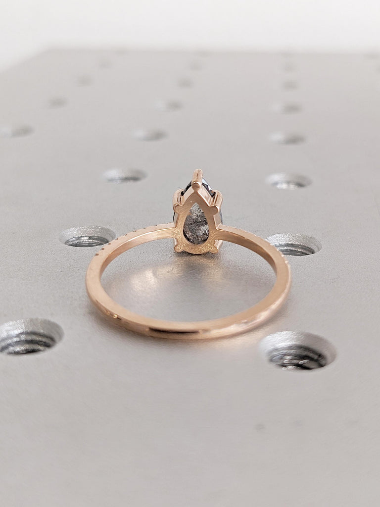 Rose Cut Diamond Ring, Pear Engagement Ring, Rose Gold Ring, Half Eternity Salt and Pepper Ring