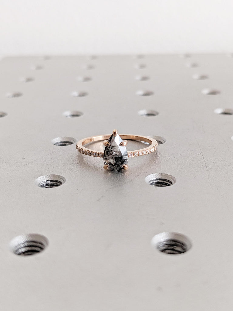 Salt and Pepper Diamond Engagement Ring, Pear Shaped Ring, 14k Rose Gold Wedding Ring, Half Eternity Diamond Ring, Rose Cut Ring, Pear Ring