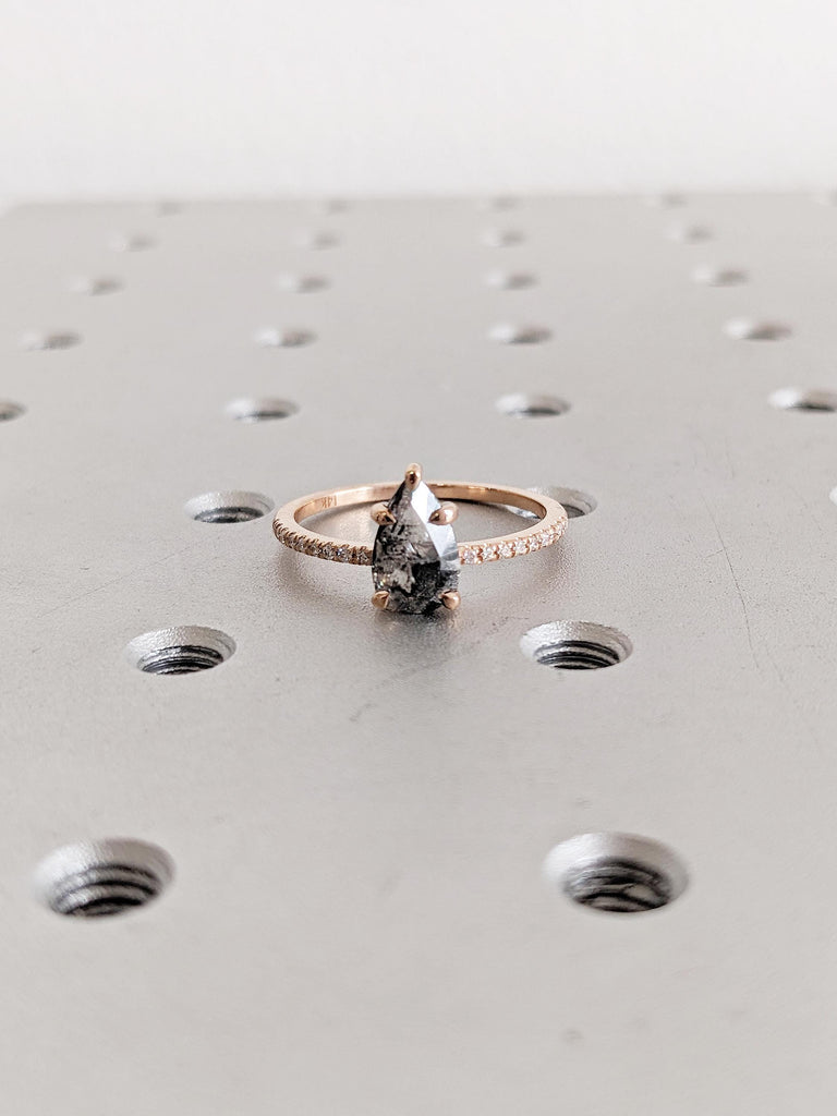 Rose Cut Diamond Ring, Pear Engagement Ring, Rose Gold Ring, Half Eternity Salt and Pepper Ring