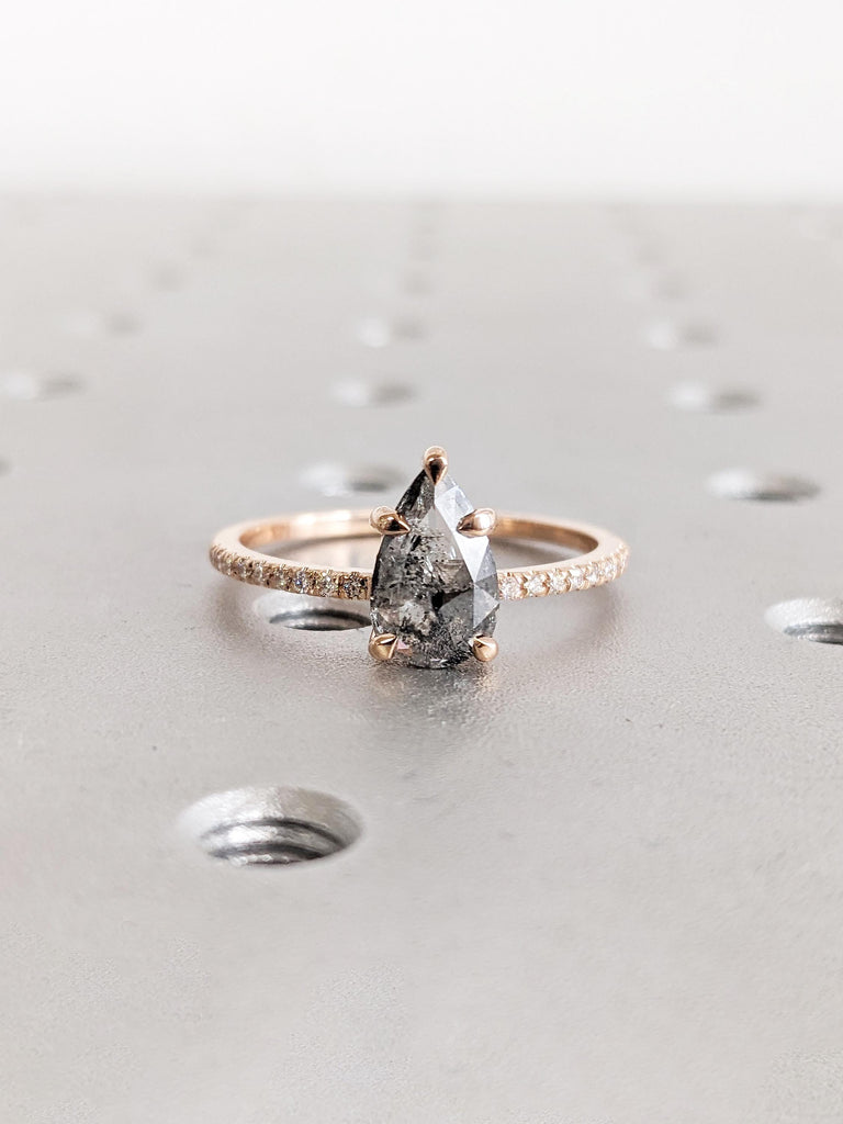 Salt and Pepper Diamond Engagement Ring, Pear Shaped Ring, 14k Rose Gold Wedding Ring, Half Eternity Diamond Ring, Rose Cut Ring, Pear Ring