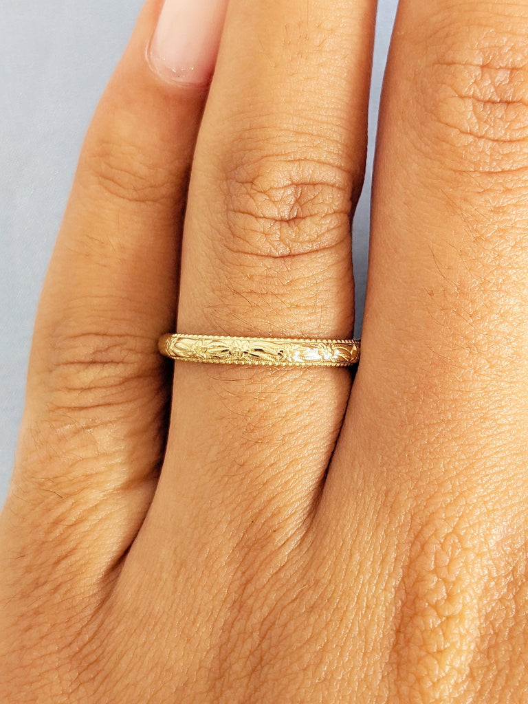 Dainty Floral Wedding Band for Women, 14k Solid Gold Milgrain Ring, Flower Ring, Unique Handmade Ring, Matching Ring, Gold Stacking Ring