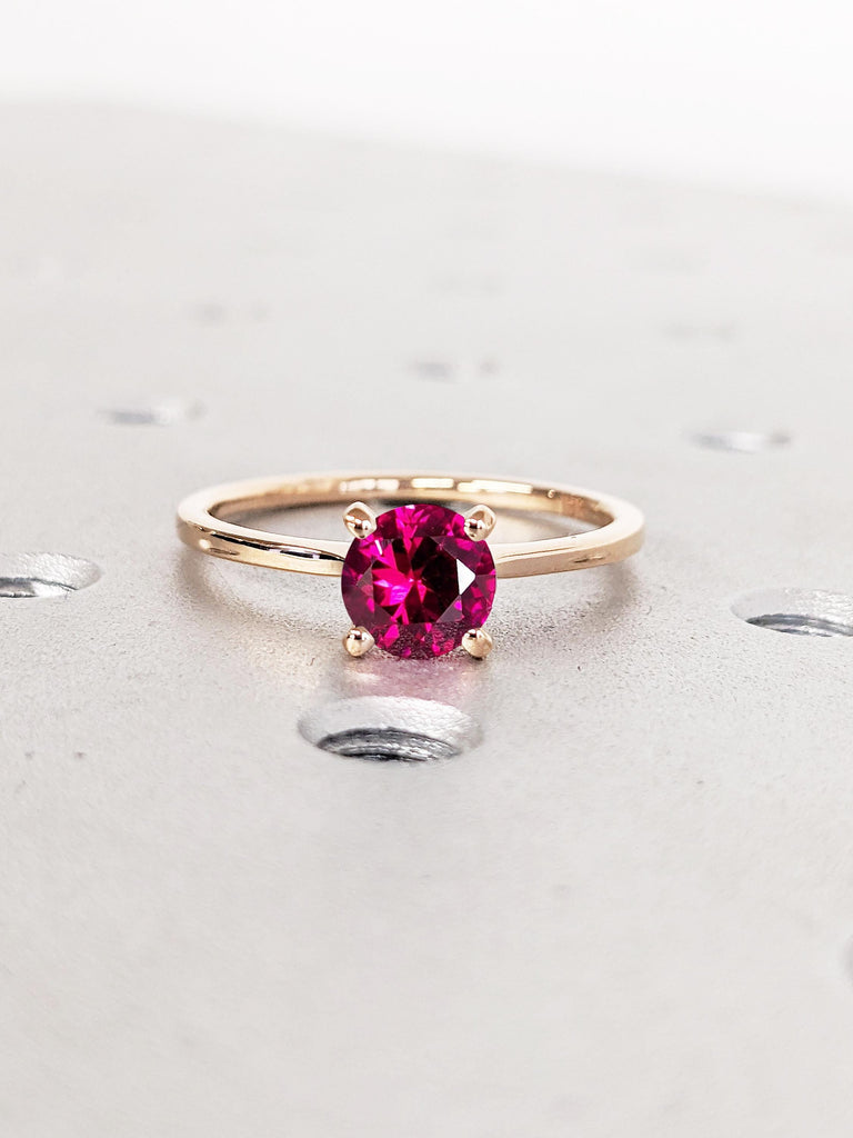 Round Cut Lab Ruby Engagement Ring, Vintage Ruby Rings, 18k Rose Gold Ring, Solitaire Wedding Ring for Women, July Birthstone Ring, Red Ring