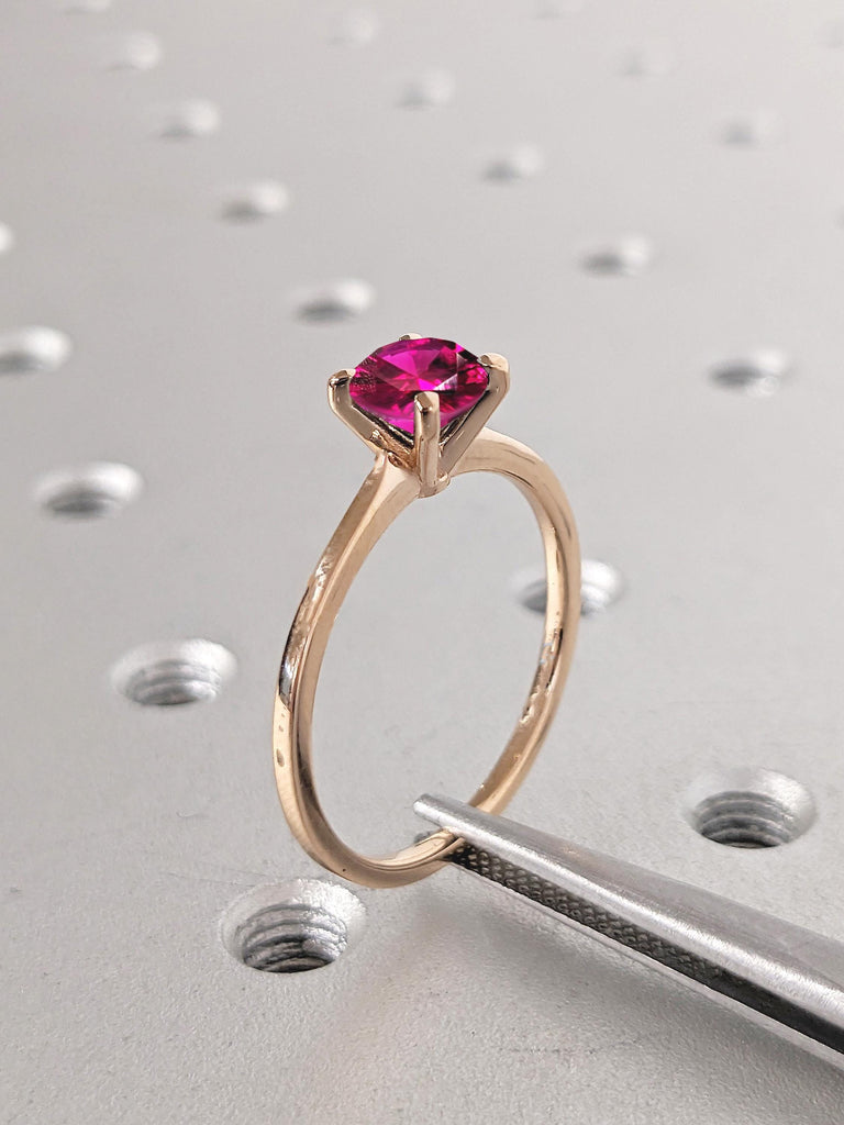 Round Cut Lab Ruby Engagement Ring, Vintage Ruby Rings, 18k Rose Gold Ring