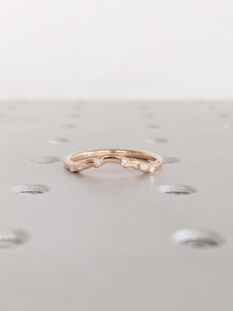 14K Rose Gold Diamond Wedding Band, Round Cut 6-Stone Prong Set Matching Ring