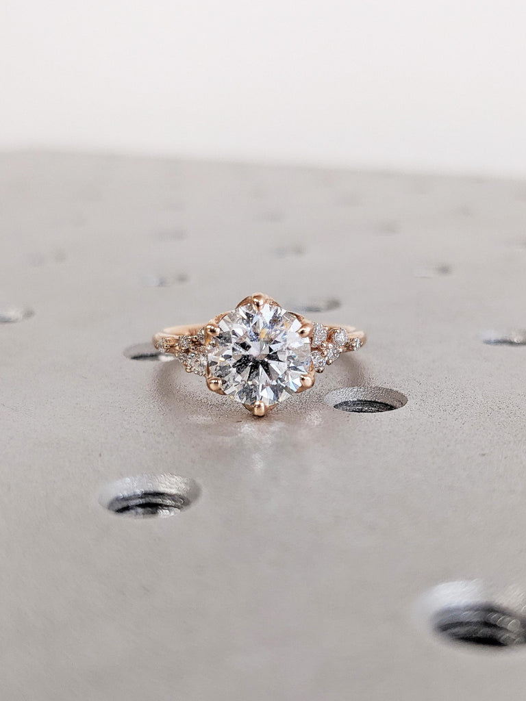Round Moissanite Engagement Ring, 14K Rose Gold Snowdrift Diamond Cluster Wedding Ring