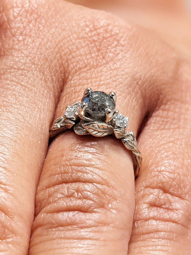 Natural Salt and Pepper Diamond Promise Ring: Solid White Gold Band with Leaf and Branch Engraving