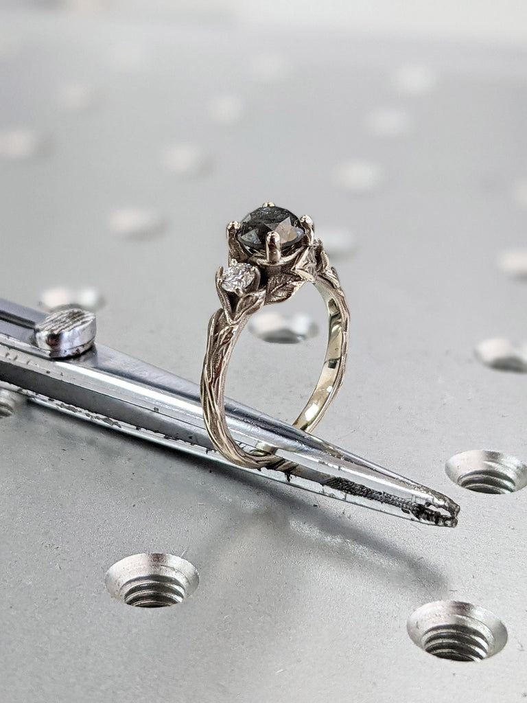 Nature Inspired 14k White Gold Rustic Engagement Ring | Round cut Salt and Pepper Black Diamond Ring for Women | Handmade Leaf and Twig Ring