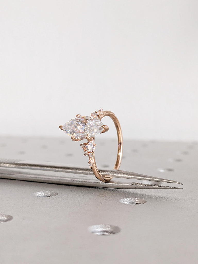 14K Rose Gold Marquise Cut Moissanite Engagement Ring, Diamond Cluster Wedding Ring, Unique Moissanite Bridal Ring, Custom Ring Gift For Her