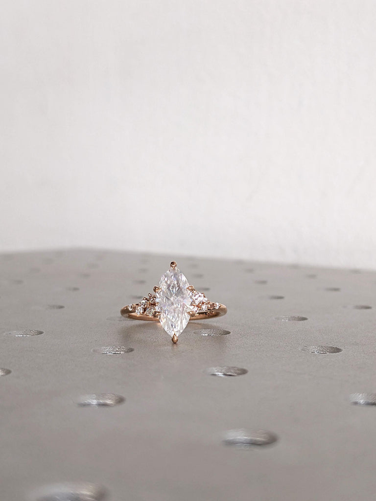 14K Rose Gold Marquise Cut Moissanite Engagement Ring, Diamond Cluster Bridal Ring