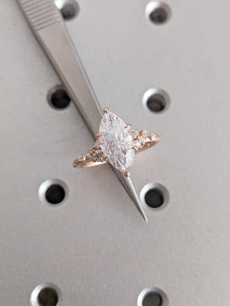 Marquise Cut Lab Grown Diamond Engagement Ring, 14K Rose Gold Diamond Cluster Ring