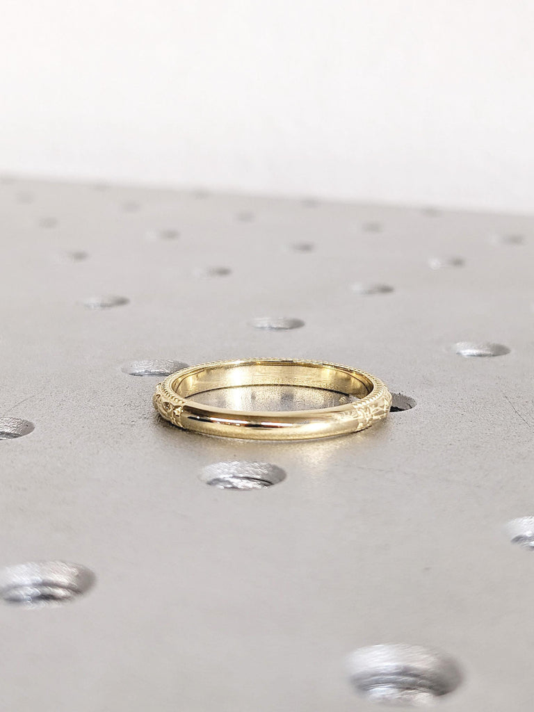 Dainty Floral Wedding Band for Women, 14k Solid Gold Milgrain Ring, Flower Ring, Unique Handmade Ring, Matching Ring, Gold Stacking Ring