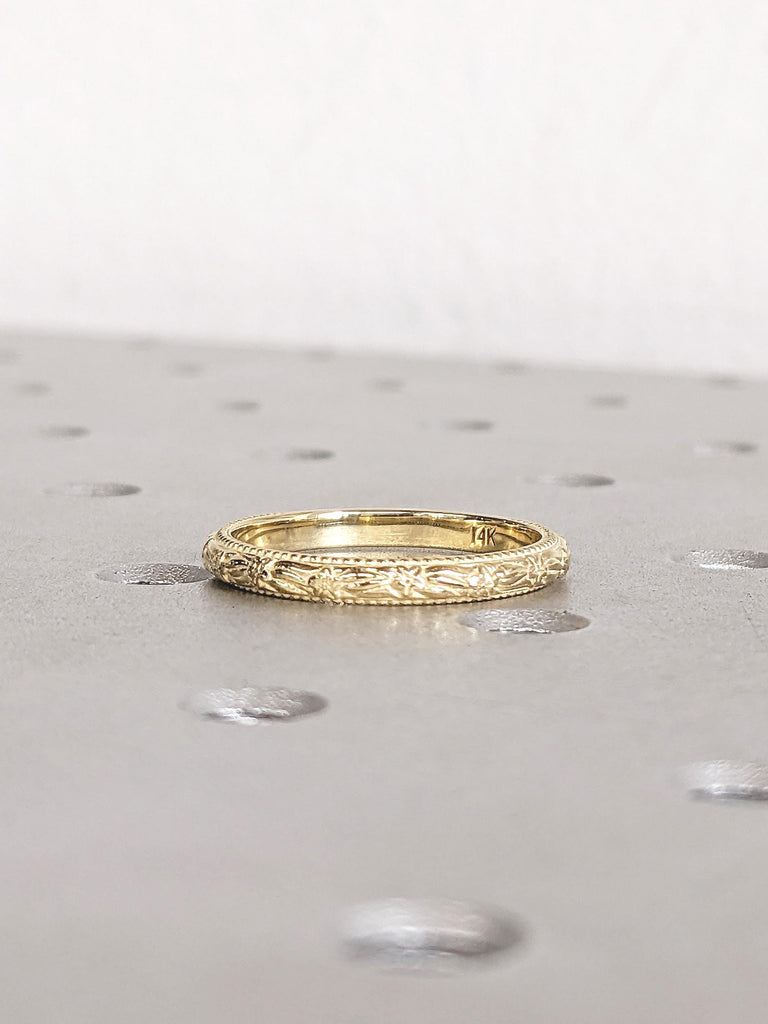 Dainty Floral Wedding Band for Women, 14k Solid Gold Milgrain Ring, Flower Ring, Unique Handmade Ring, Matching Ring, Gold Stacking Ring