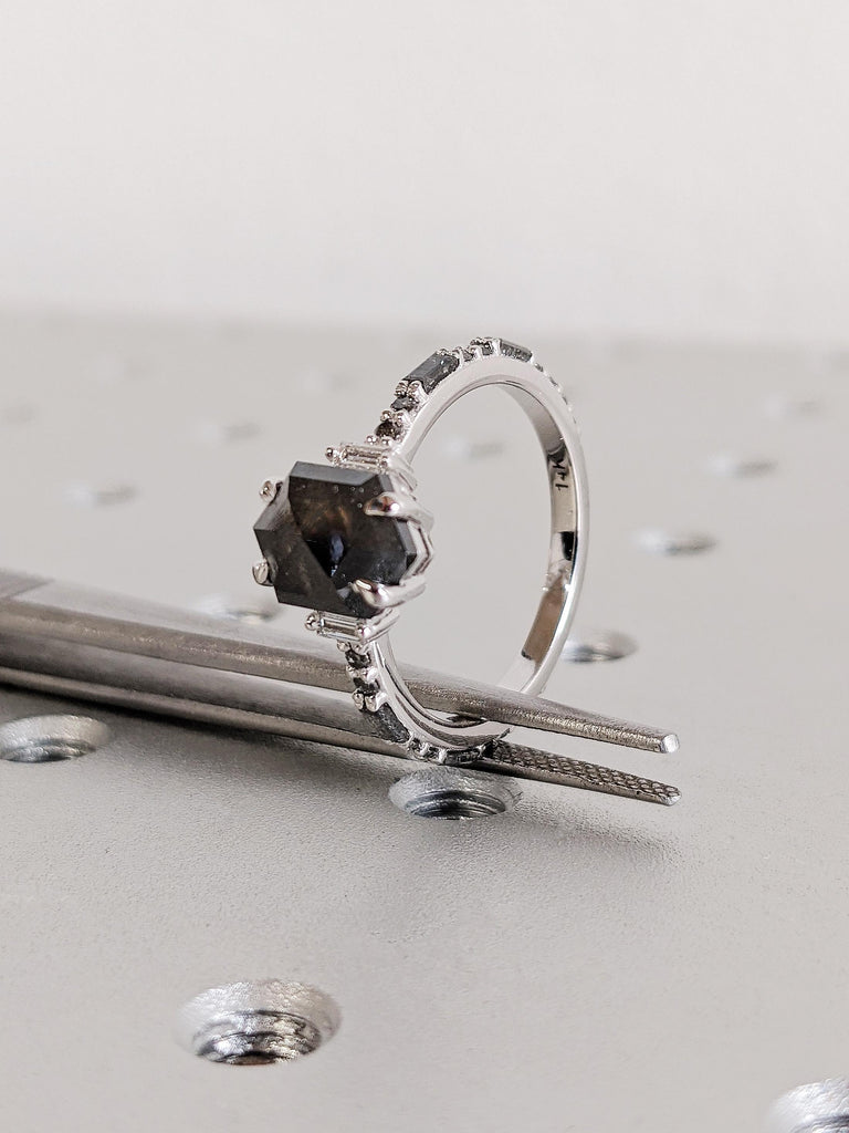 Unique Raw Salt and Pepper Diamond Wedding Ring, Vintage 14K White Gold Round Baguette Diamond Ring, Custom Engagement Ring, Gift For Her