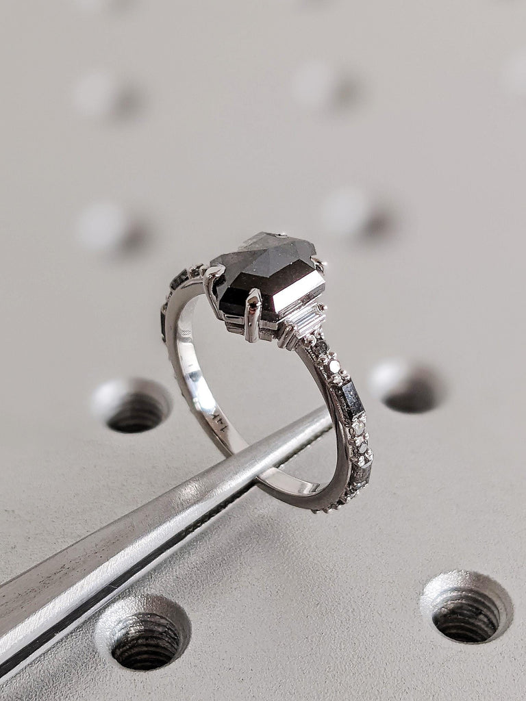 Unique Raw Salt and Pepper Diamond Wedding Ring, Vintage 14K White Gold Round Baguette Diamond Ring, Custom Engagement Ring, Gift For Her