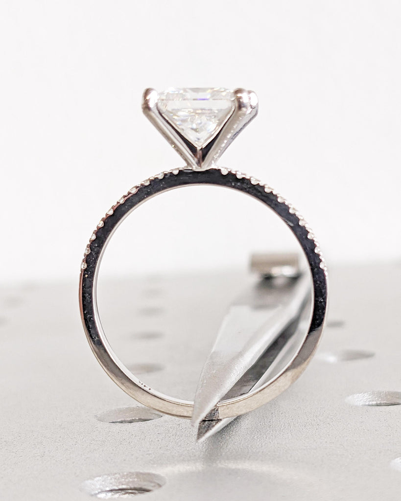 2CT Princess Cut IGI Certified Lab Grown Diamond Engagement Ring • 14K White Gold Solitaire Diamond Ring • Dainty Band Pave Wedding Ring