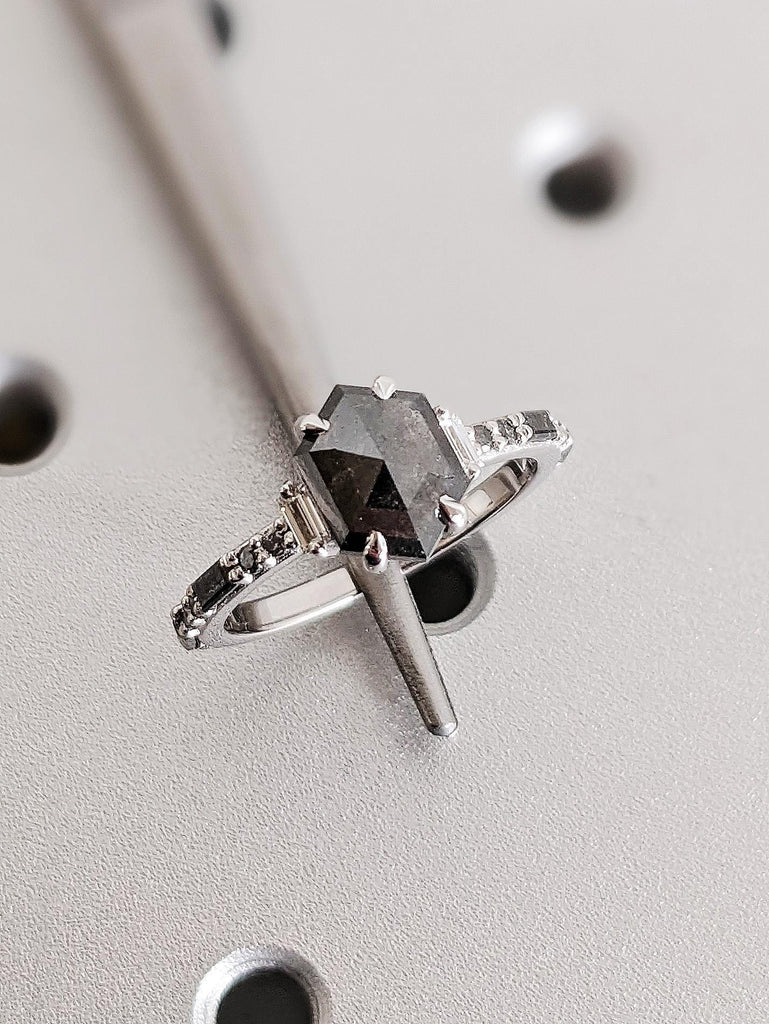 Unique Raw Salt and Pepper Diamond Wedding Ring, Vintage 14K White Gold Round Baguette Diamond Ring, Custom Engagement Ring, Gift For Her