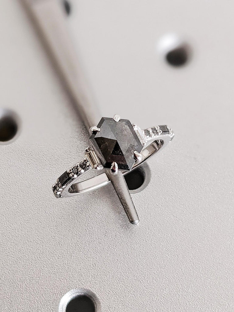 Unique 14K White Gold Hexagon Cut Salt and Pepper Diamond Engagement Ring, Round Baguette Diamond Wedding Band