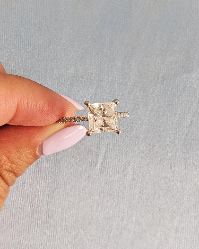 2CT Princess Cut IGI Certified Lab Grown Diamond Engagement Ring • 14K White Gold Solitaire Diamond Ring • Dainty Band Pave Wedding Ring