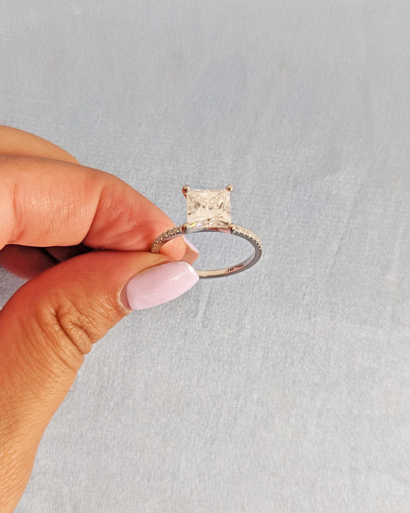 2CT Princess Cut IGI Certified Lab Grown Diamond Engagement Ring • 14K White Gold Solitaire Diamond Ring • Dainty Band Pave Wedding Ring