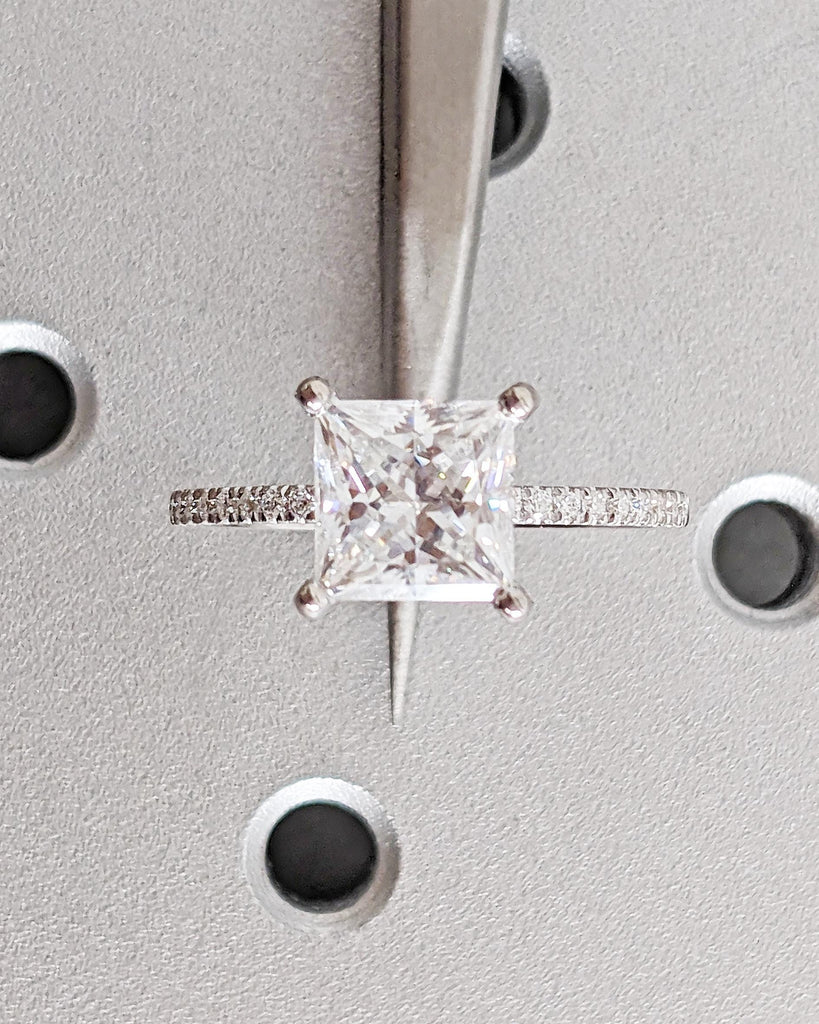 2CT Princess Cut IGI Certified Lab Grown Diamond Engagement Ring • 14K White Gold Solitaire Diamond Ring • Dainty Band Pave Wedding Ring