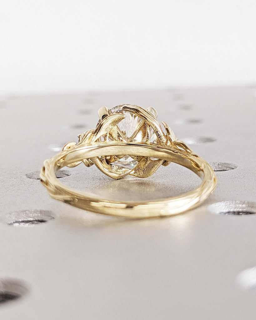 Nature Leaf Engagement Ring: 3CT Round Cut Lab Grown Diamond, Vine Branch Leaf Flower Ring, Alternative Promise Ring, 14K Yellow Gold
