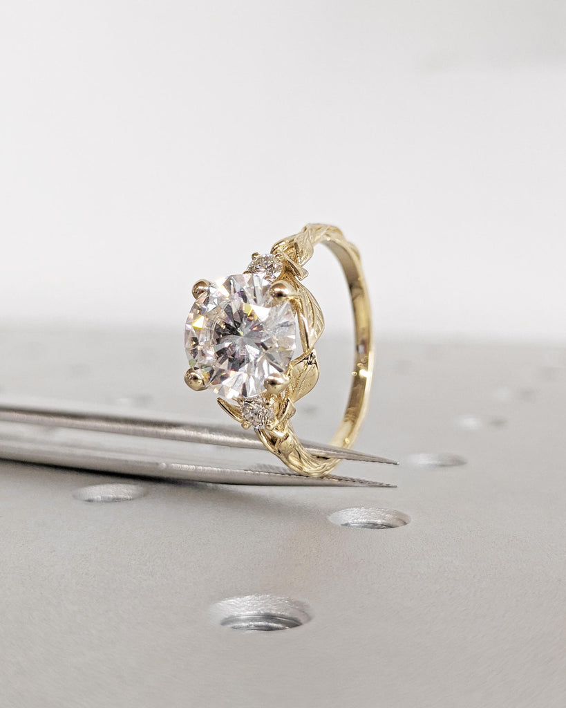 Nature Leaf Engagement Ring: 3CT Round Cut Lab Grown Diamond, Vine Branch Leaf Flower Ring, Alternative Promise Ring, 14K Yellow Gold