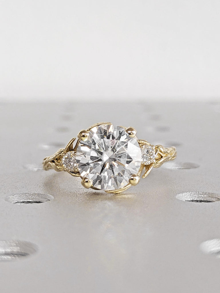 Nature Leaf Engagement Ring: 3CT Round Cut Lab Grown Diamond, Vine Branch Leaf Flower Ring, Alternative Promise Ring, 14K Yellow Gold