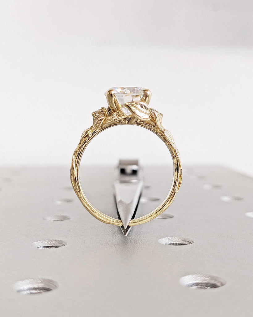 Nature Leaf Engagement Ring: 3CT Round Cut Lab Grown Diamond, Vine Branch Leaf Flower Ring, Alternative Promise Ring, 14K Yellow Gold