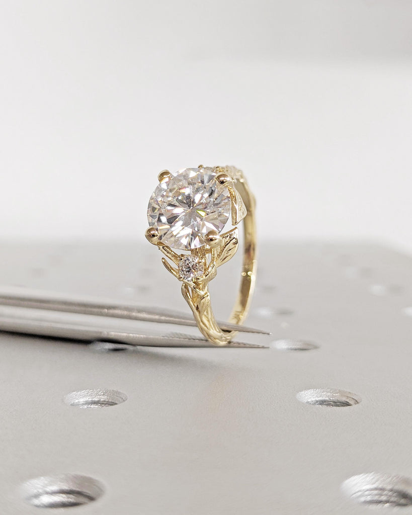 Nature Leaf Engagement Ring: 3CT Round Cut Lab Grown Diamond, Vine Branch Leaf Flower Ring, Alternative Promise Ring, 14K Yellow Gold