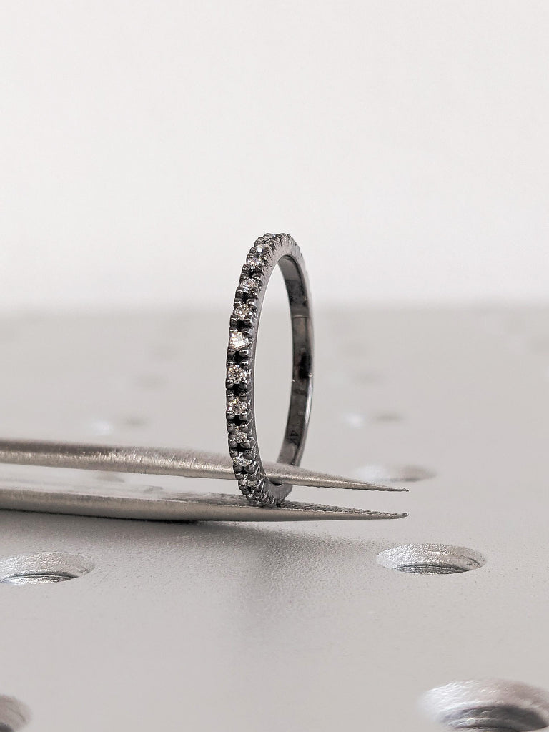 Black Gold Round Diamond Matching Ring, Thin Dainty Pavé Diamond Engagement Ring, 14K Gold Custom Stacking Wedding Band, Gothic Aesthetic