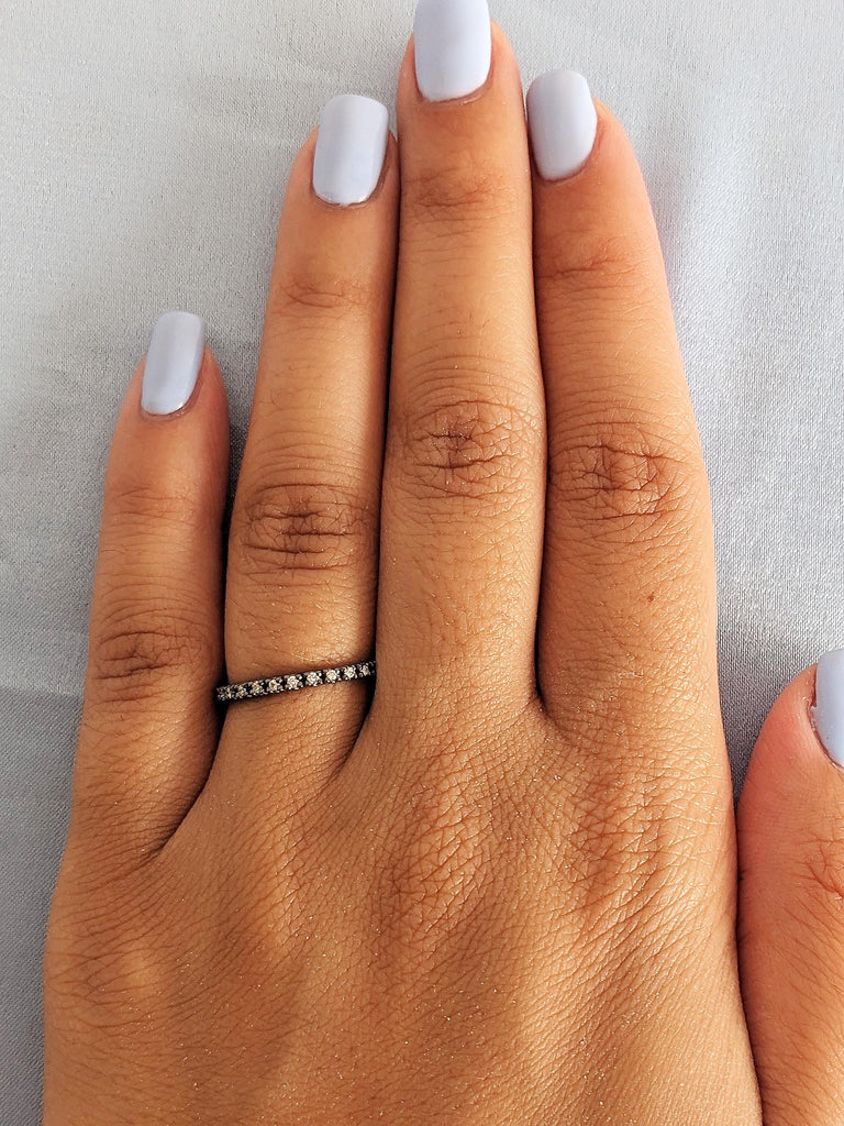 14K Black Gold Diamond Matching Engagement Ring, Round Dainty Pavé Diamond Ring, Alternative Wedding band, Women's Stacking Jewelry