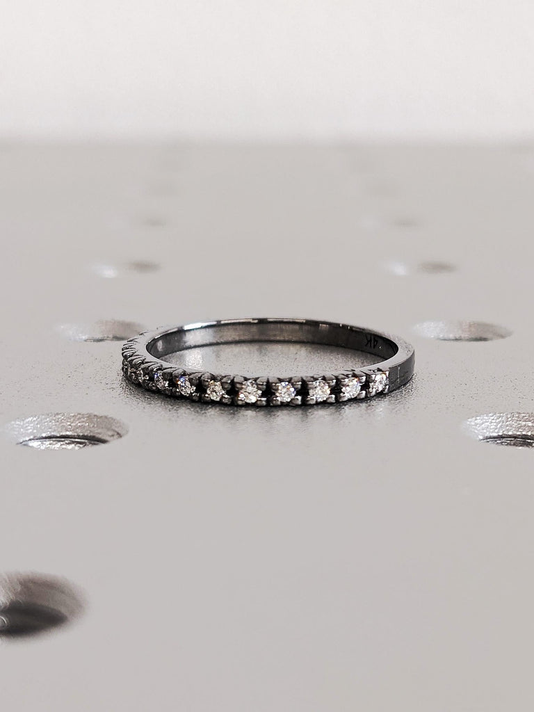 Black Gold Round Diamond Matching Ring, Thin Dainty Pavé Diamond Engagement Ring, 14K Gold Custom Stacking Wedding Band, Gothic Aesthetic