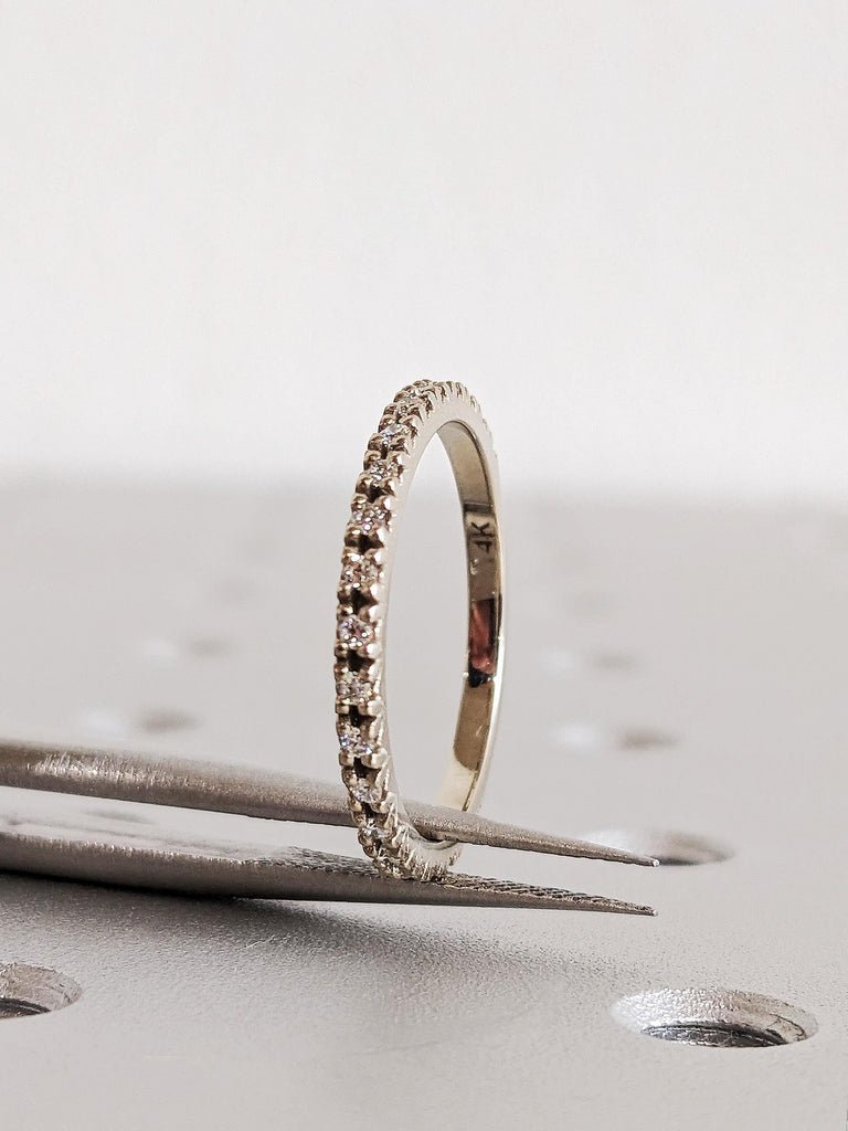 White Gold Round Diamond Matching Ring, Thin Dainty Pavé Diamond Engagement Ring, 14K Gold Custom Stacking Wedding Band, Everyday Jewelry