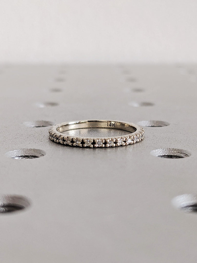 14K White Gold Diamond Matching Engagement Ring, Round Dainty Pavé Diamond Ring, Custom Gold wedding band, Women's Stacking Jewelry