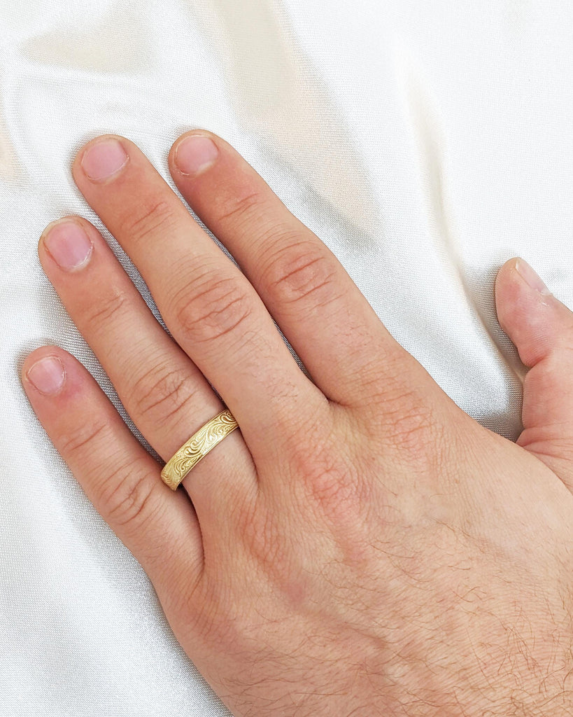 14K 18K Yellow Gold Filigree Wedding Band | Hand Engraved Band Feather Pattern Anniversary Ring | Retro Art Deco Vintage Floral Design Ring