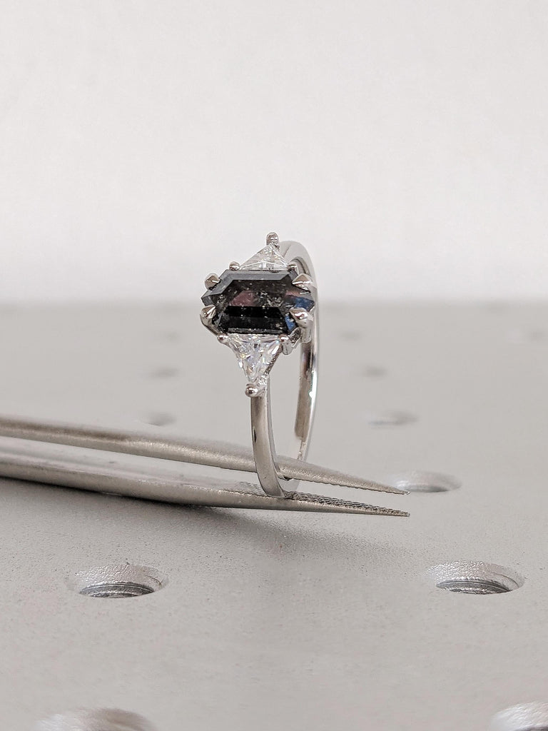 Platinum Raw Salt and Pepper Diamond Engagement Ring, Trillion Cut White Diamond Wedding Band, Custom Three Stone Wedding Anniversary Ring