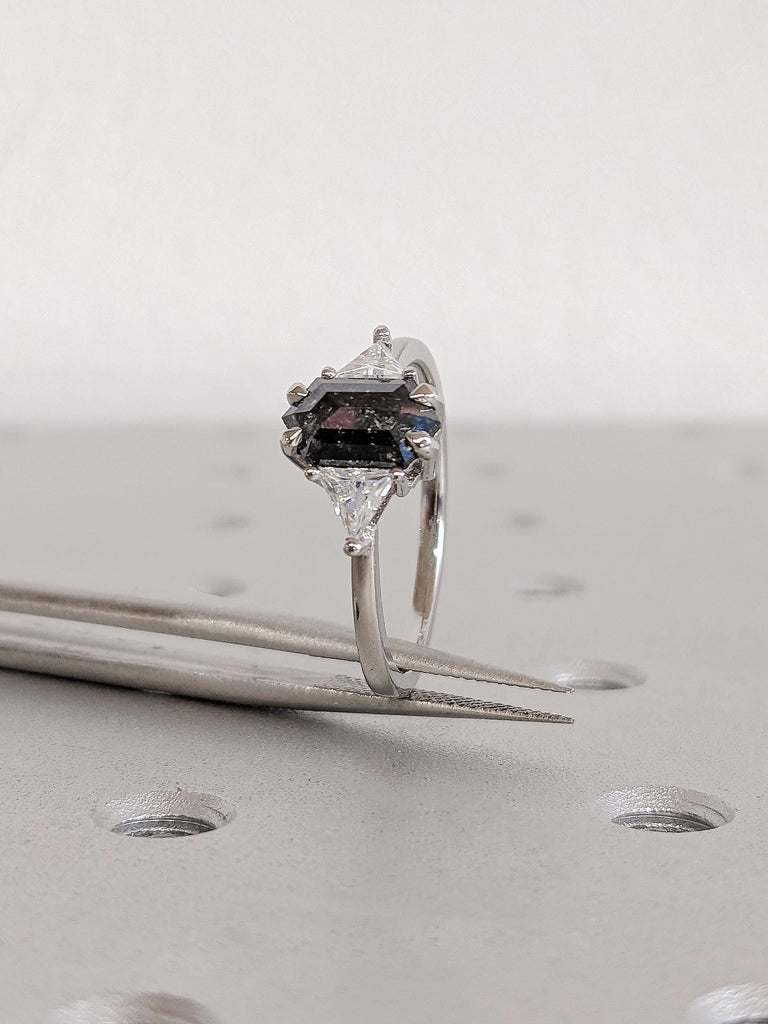 Hexagon Salt and Pepper Diamond Engagement Ring, Platinum Trillion Cut White Diamond Wedding Band, Multi Stone Bridal Jewelry