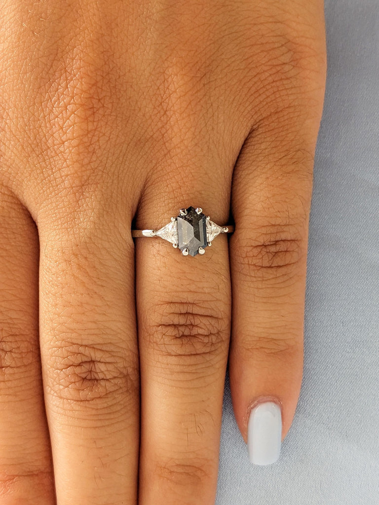 Hexagon Salt and Pepper Diamond Engagement Ring, Platinum Trillion Cut White Diamond Wedding Band, Multi Stone Bridal Jewelry