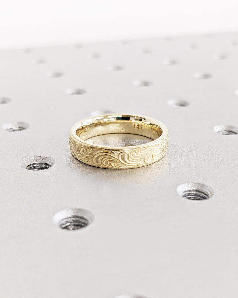 Filigree Vintage Wedding Band: 5mm, 14K Yellow Gold, Art Deco Feather Filigree Ring, Antique Art Nouveau Floral Ring, Handmade