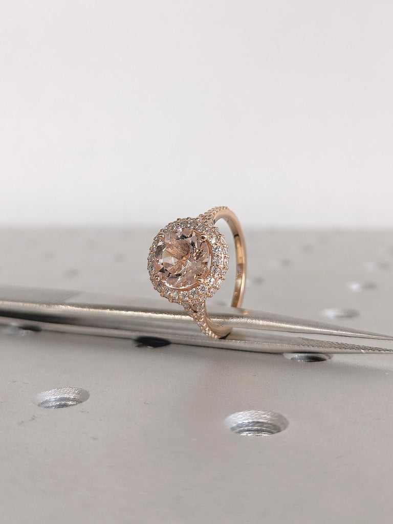 Round Morganite Ring, Halo Engagement Ring, Dainty 18k Rose Gold Ring, Diamond Hidden Halo, Art Deco Lab Morganite Wedding Ring, Bridal Ring
