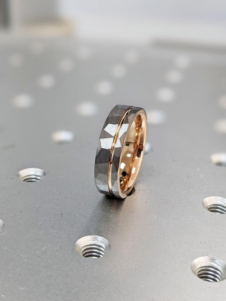 6MM Tungsten Ring | Rose Gold Tungsten Carbide Unisex Wedding Ring | Comfort Fit Male Engagement Ring | Hammered Top Rustic Manly Band